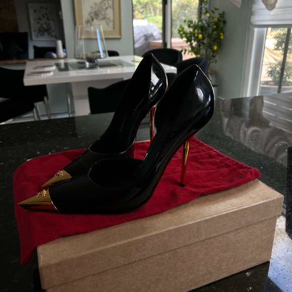 Versace Black Heels with Gold Tips - Picture 2 of 6